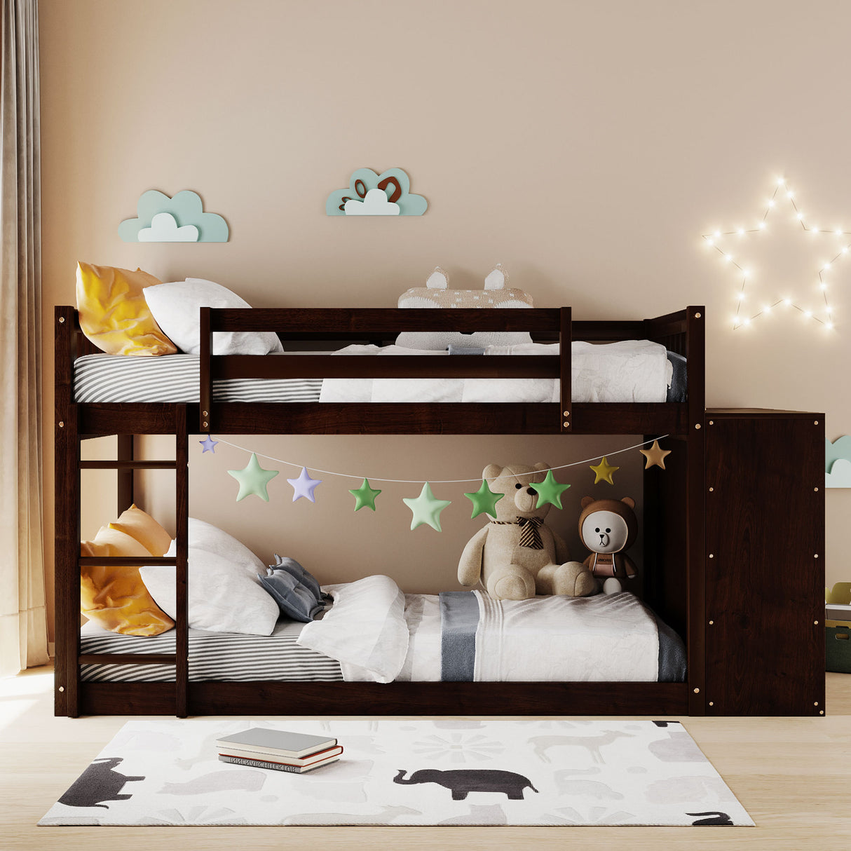 Twin over Twin Bunk Bed with 4 Drawers and 3 Shelves-Espresso（OLD SKU: LP000067AAP） - Home Elegance USA