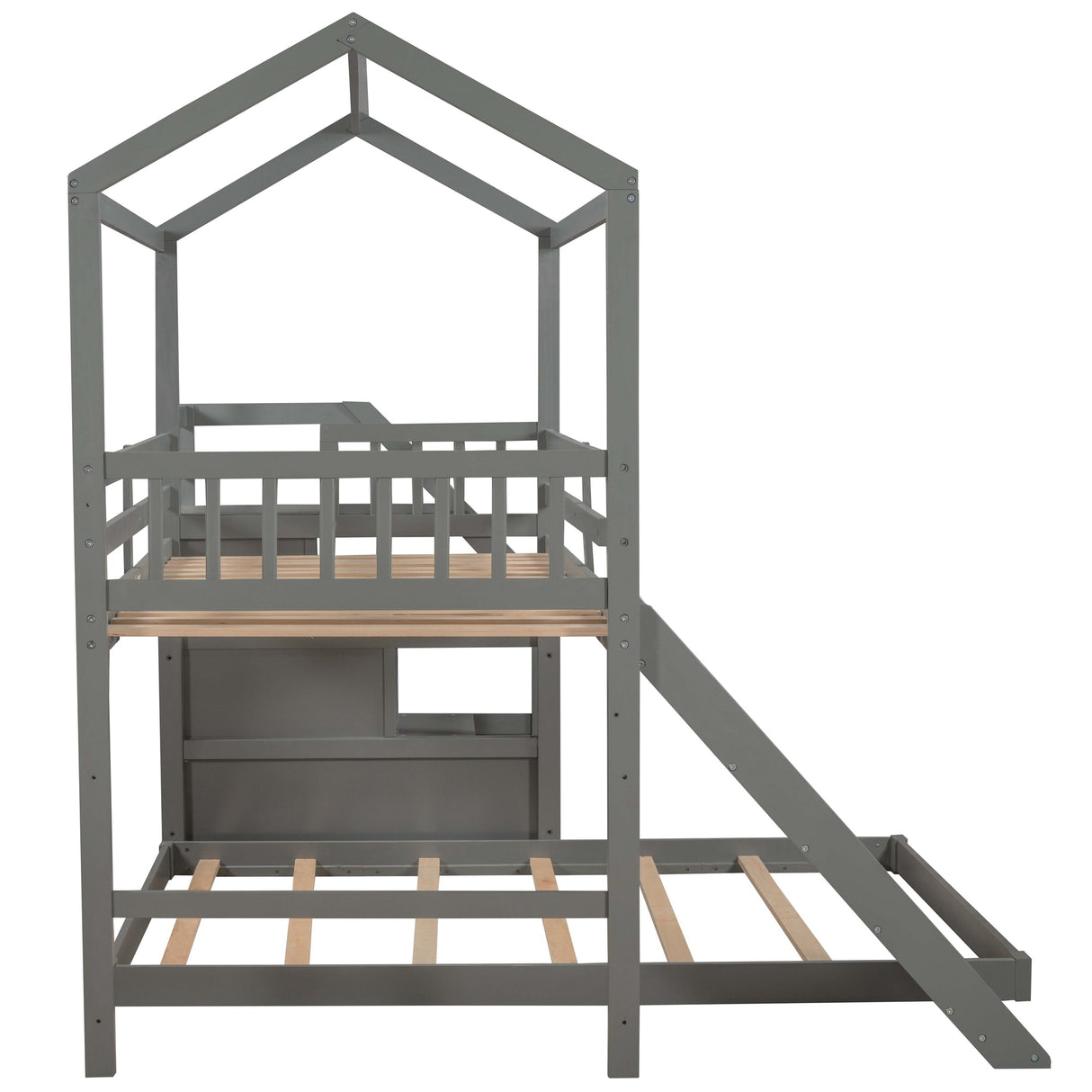 Twin over Full House Bunk Bed with Convertible Slide and Storage Staircase,Full-Length Guardrail,Gray - Home Elegance USA