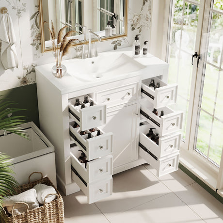 36" Bathroom Vanity with Sink Combo, One Cabinet and Six Drawers, Solid Wood and MDF Board, White - SY999404AAK - image - 1