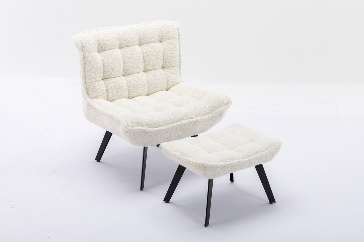 Modern Soft Teddy Fabric Material Large Width Accent Chair Leisure Chair Armchair TV Chair Bedroom Chair With Ottoman Black Legs For Indoor Home And Living Room,White - Home Elegance USA