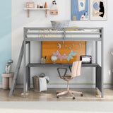 Twin size Loft Bed with Desk and Writing Board, Wooden Loft Bed with Desk - Gray - Home Elegance USA