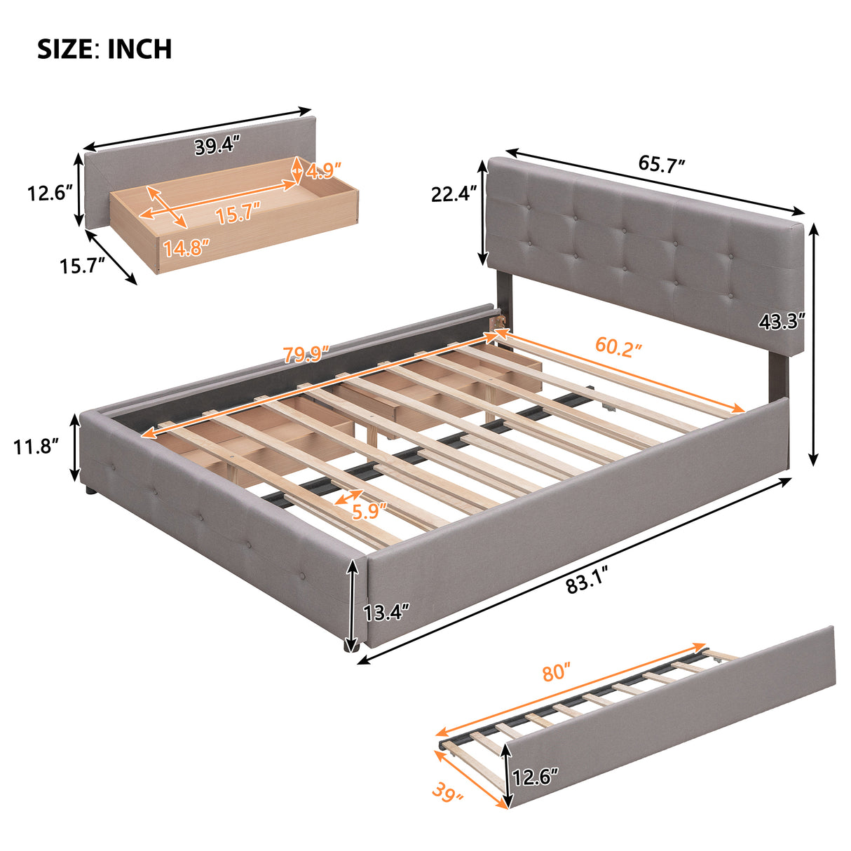 Upholstered Platform Bed with 2 Drawers and 1 Twin XL Trundle,  Linen Fabric, Queen Size - Light Gray(OLD SKU :LP000314AAN)