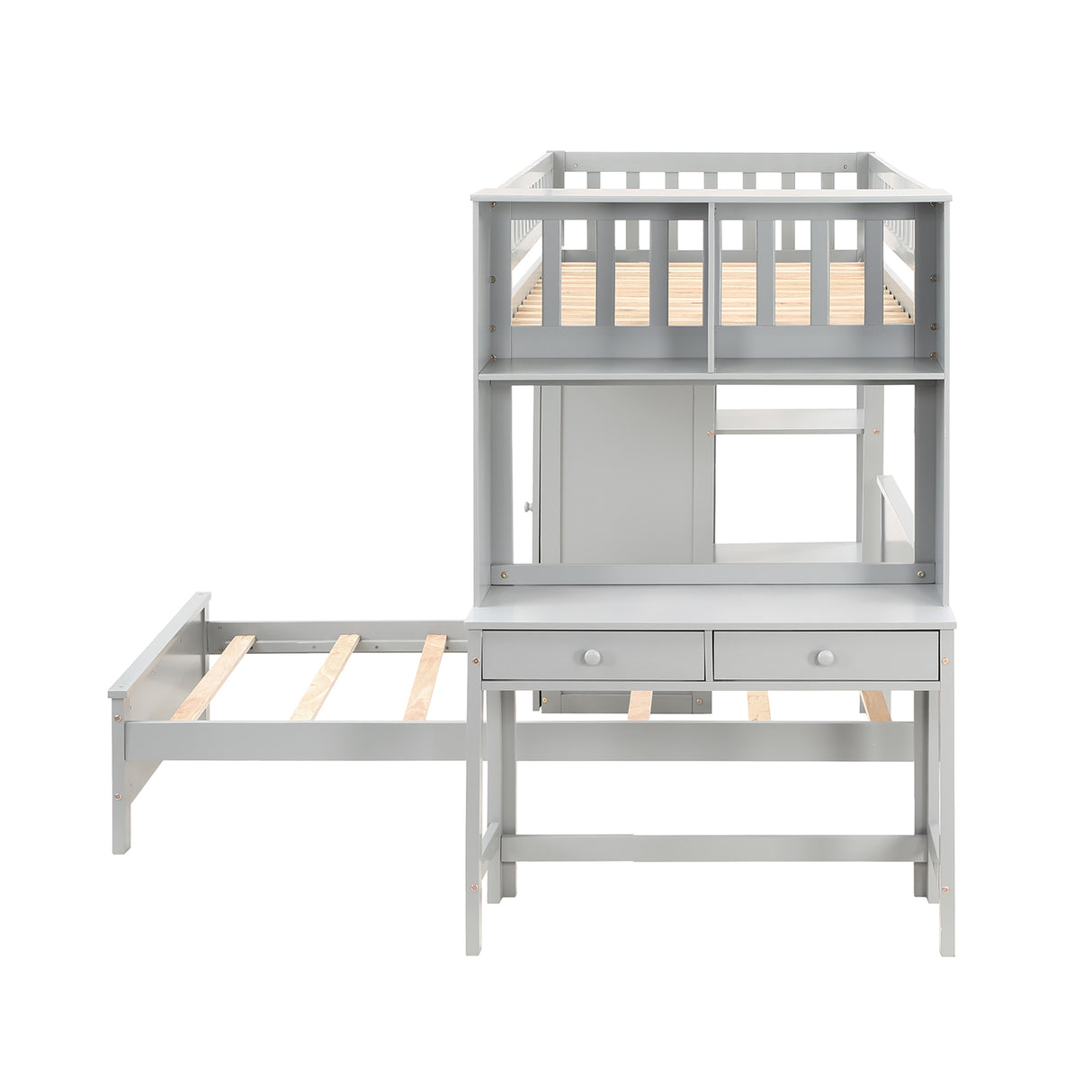 Twin Size Loft Bed with Closet and Desk, Extra Bottom Twin Bed, Grey - Home Elegance USA