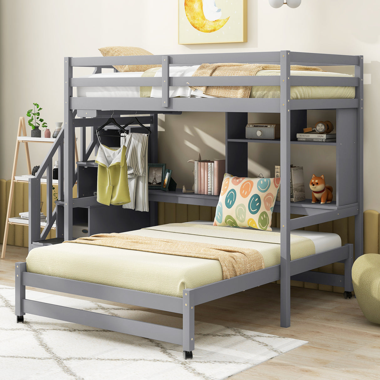 Twin over Full Bunk Bed with Storage Staircase, Desk, Shelves and Hanger for Clothes, Gray - Home Elegance USA