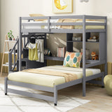 Twin over Full Bunk Bed with Storage Staircase, Desk, Shelves and Hanger for Clothes, Gray - Home Elegance USA