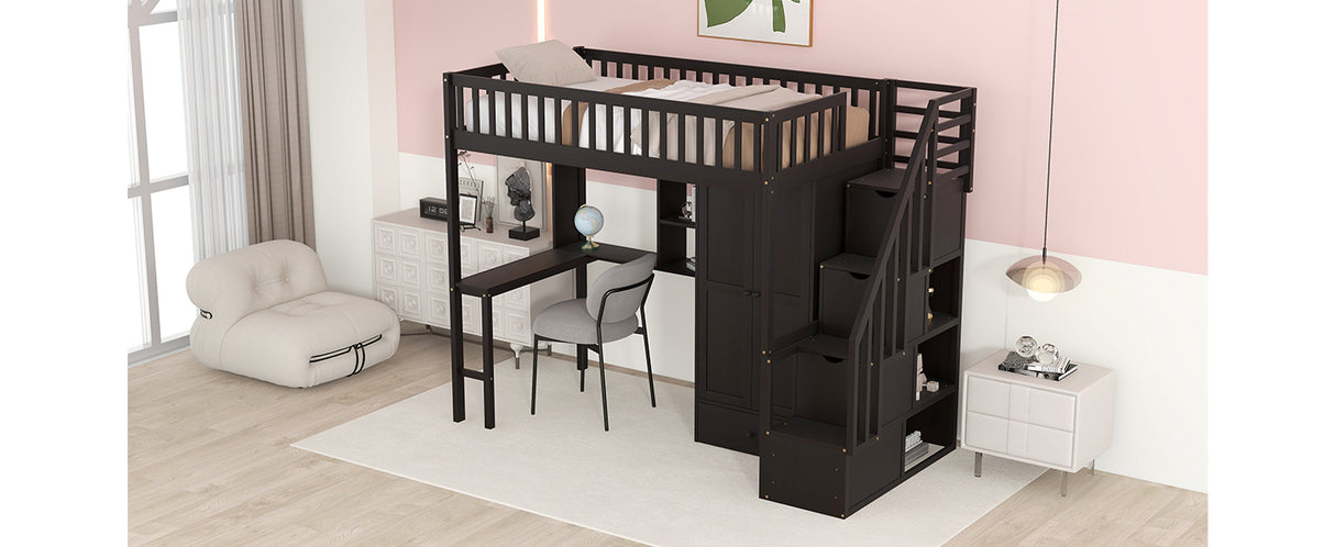 Twin size Loft Bed with Bookshelf,Drawers,Desk,and Wardrobe-Espresso - Home Elegance USA