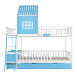 Full over Full Bunk Bed with Twin Size Trundle , Farmhouse Bed with Storage Box and Drawer - Blue - Home Elegance USA