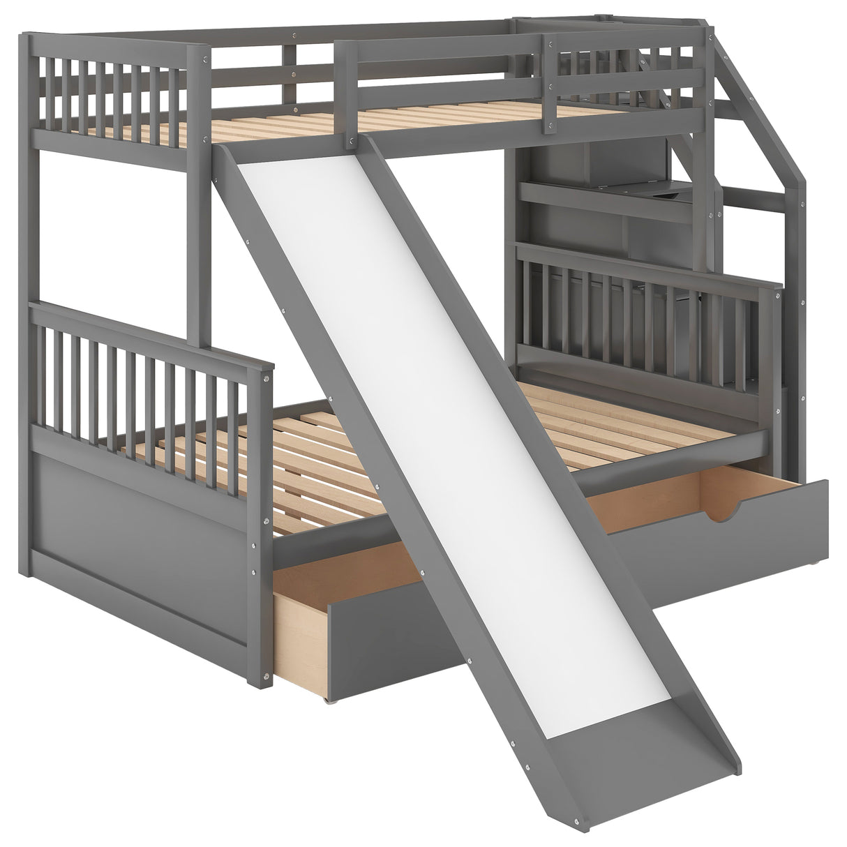 Twin over Full Bunk Bed with Drawers,Storage and Slide, Multifunction, Gray - Home Elegance USA