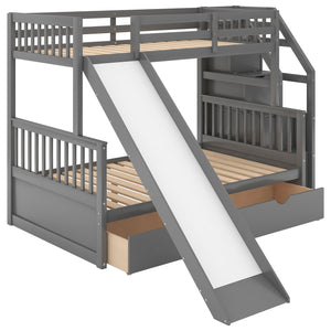 Twin over Full Bunk Bed with Drawers,Storage and Slide, Multifunction, Gray - Home Elegance USA