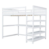 Full Size Loft Bed with Storage Shelves and Under-bed Desk, White - Home Elegance USA