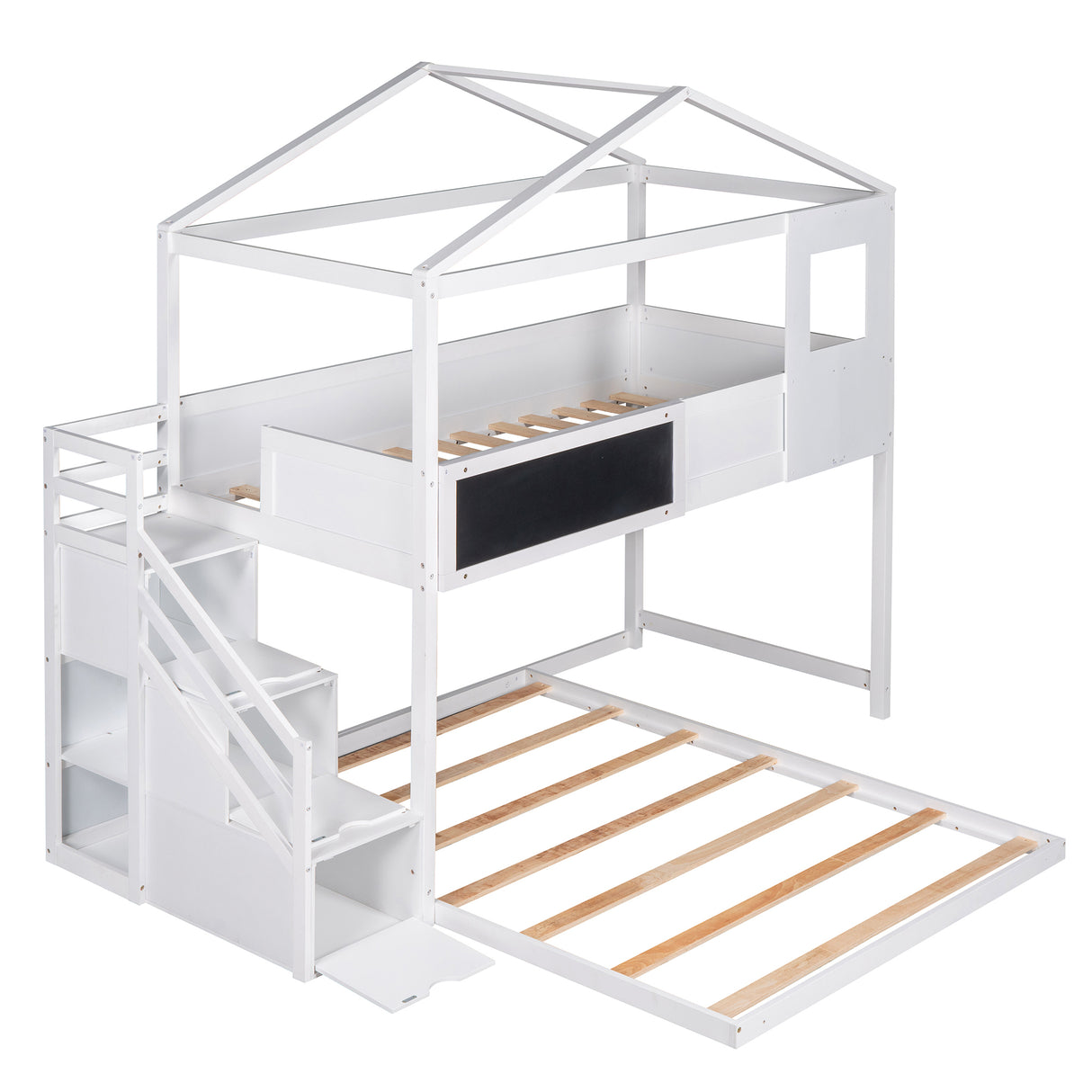 Twin over Full House Bunk Bed with Storage Staircase and Blackboard,White - Home Elegance USA