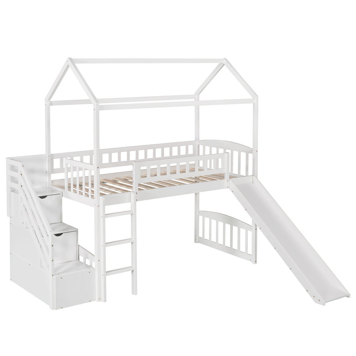 Twin Loft Bed with Two Drawers and Slide, House Bed with Slide, White (Old SKU: LP000130AAK) - Home Elegance USA