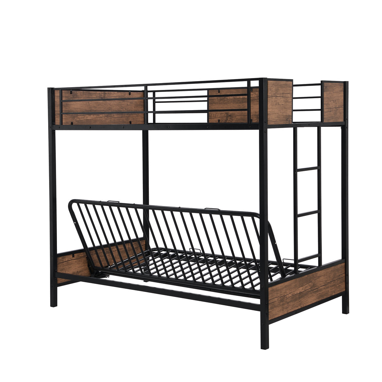 Twin-Over-Futon Bunk Bed, Metal Futon Bunk Bed Frame with Guardrails and Ladder(Black)(OLD SKU:LP000096AAB) - Home Elegance USA