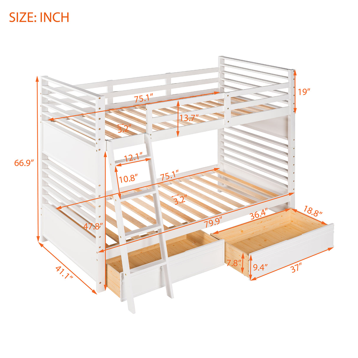 Twin over Twin Wood Bunk Bed with Two Drawers - White - Home Elegance USA