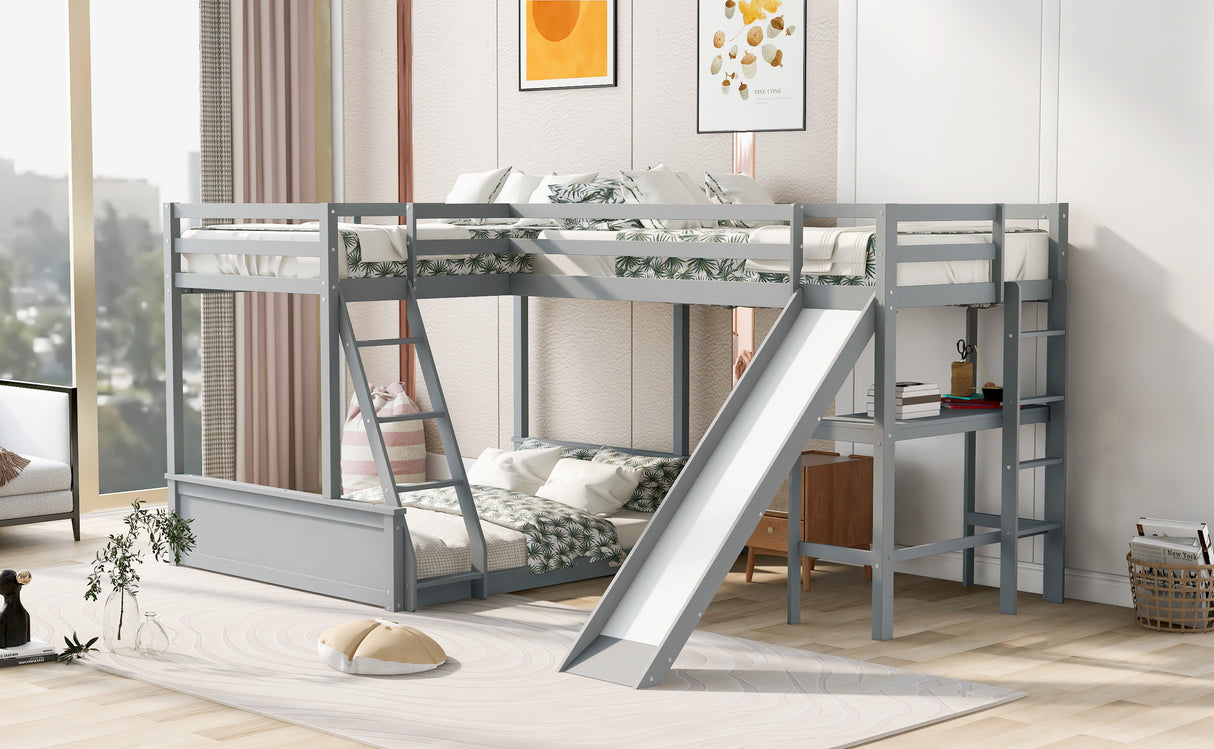 Twin over Full Bunk Bed with Twin Size Loft Bed with Desk and Slide,Full-Length Guardrail, Gray - Home Elegance USA