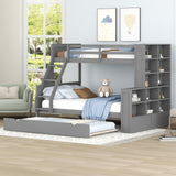 Twin over Full Bunk Bed with Trundle and Shelves, can be Separated into Three Separate Platform Beds, Gray - Home Elegance USA