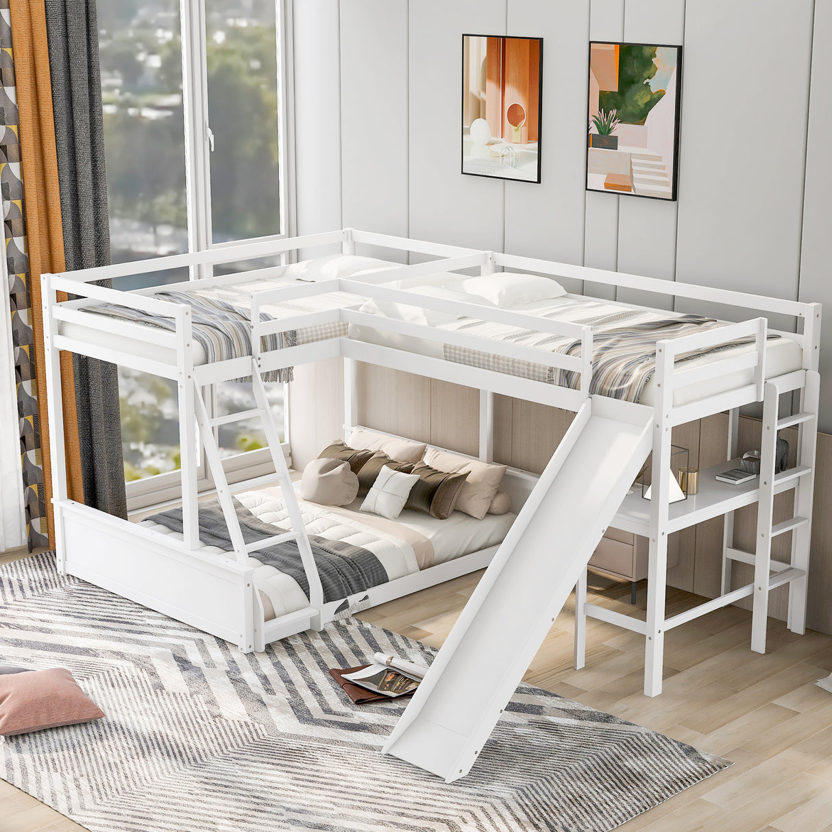 Twin over Full Bunk Bed with Twin Size Loft Bed with Desk and Slide,Full-Length Guardrail, White - Home Elegance USA