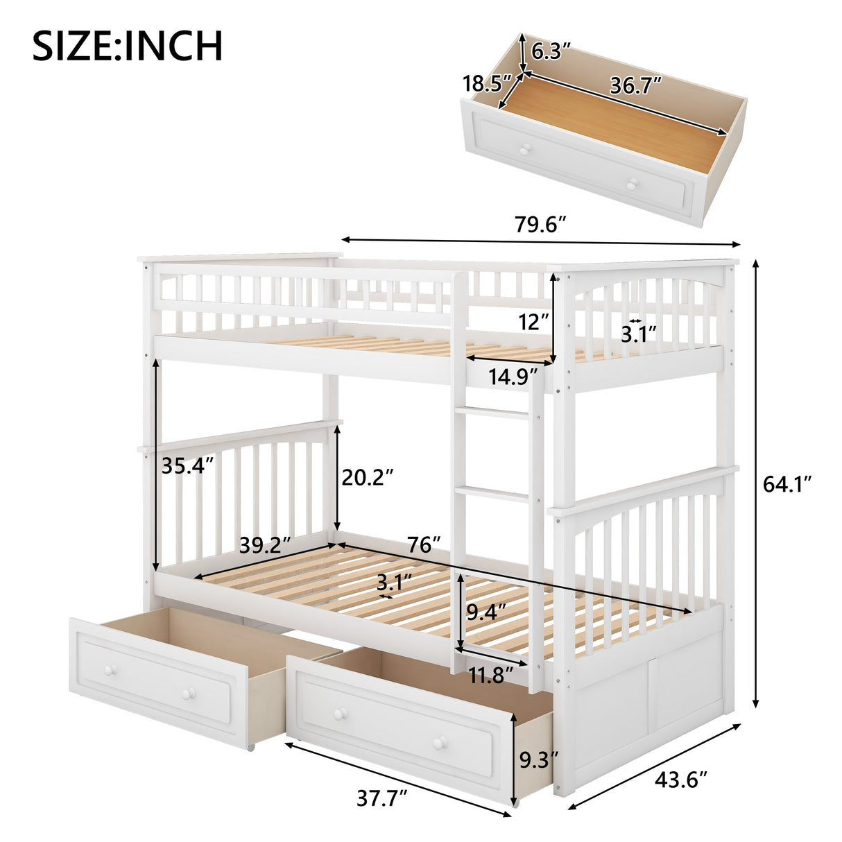 Twin over Twin Bunk Bed with Drawers, Convertible Beds, White - Home Elegance USA