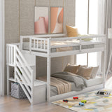 Twin over Twin Floor Bunk Bed, Ladder with Storage, White - Home Elegance USA