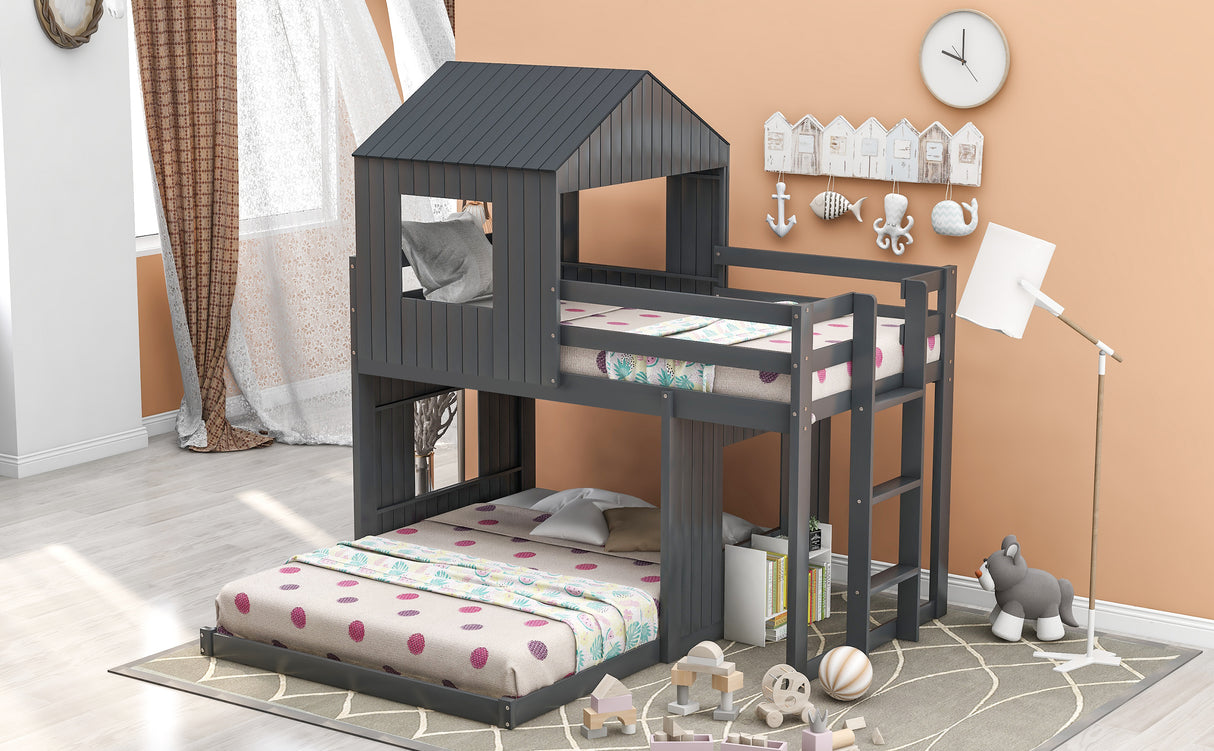 Wooden Twin Over Full Bunk Bed, Loft Bed with Playhouse, Farmhouse, Ladder and Guardrails , Gray( old sku: LP000027AAN ) - Home Elegance USA