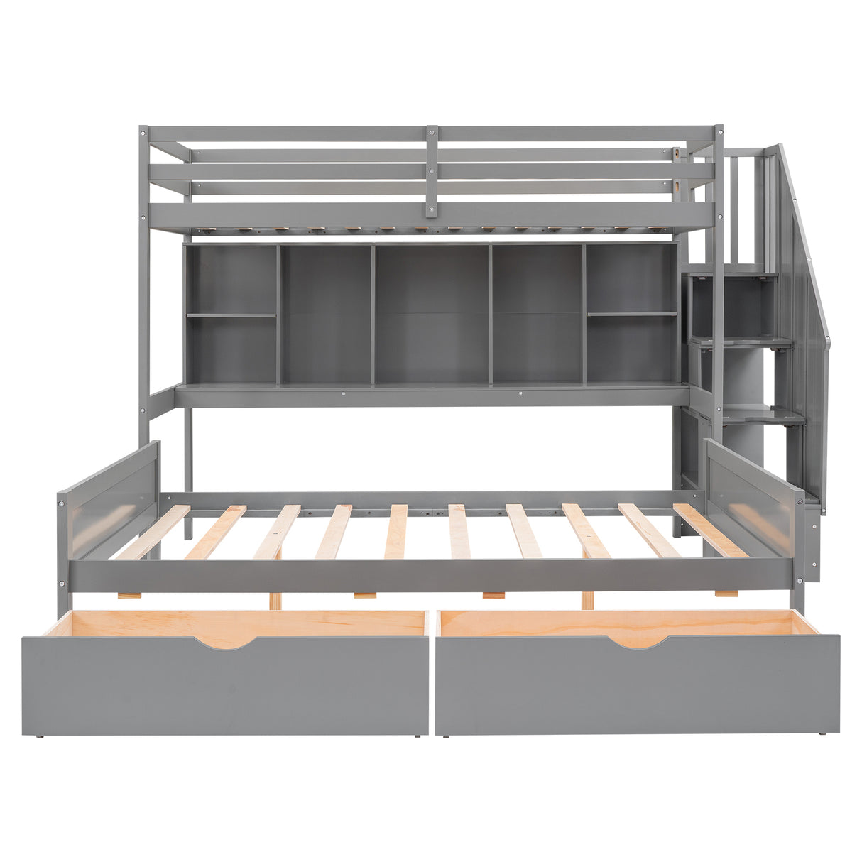 Twin XL over Full Bunk Bed with Built-in Storage Shelves, Drawers and Staircase,Gray - Home Elegance USA