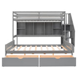 Twin XL over Full Bunk Bed with Built-in Storage Shelves, Drawers and Staircase,Gray - Home Elegance USA