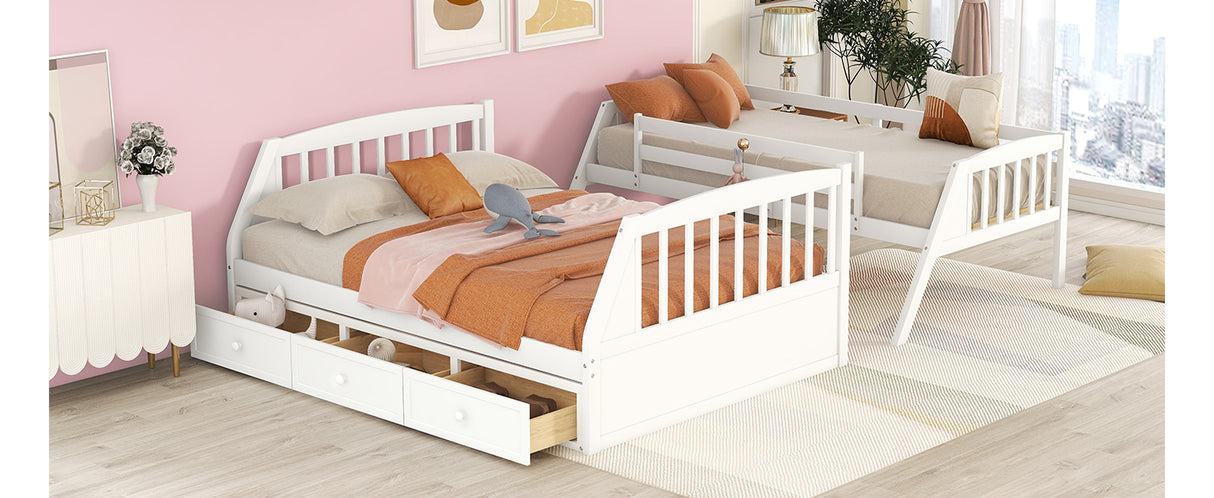 Twin-Over-Full Bunk Bed with Drawers，Ladder and Storage Staircase, White - Home Elegance USA