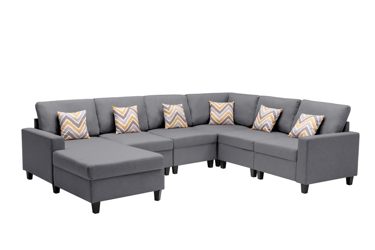 Nolan Gray Linen Fabric 6Pc Reversible Chaise Sectional Sofa with Pillows and Interchangeable Legs - Home Elegance USA