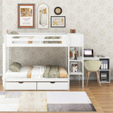Wood Twin over Full Bunk Bed with Drawers, Shelves, Cabinets, L-shaped Desk and Magazine Holder, White - Home Elegance USA