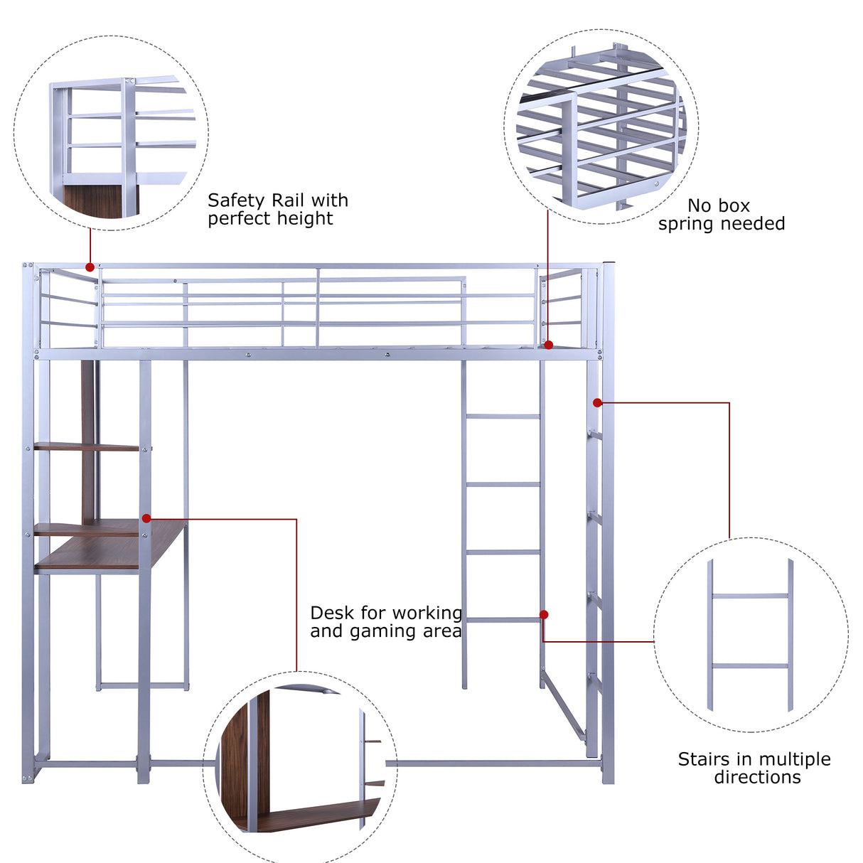 Full Size Metal Loft Bed with 2 Shelves and one Desk ,Silver (Old SKU: LP000091AAN )