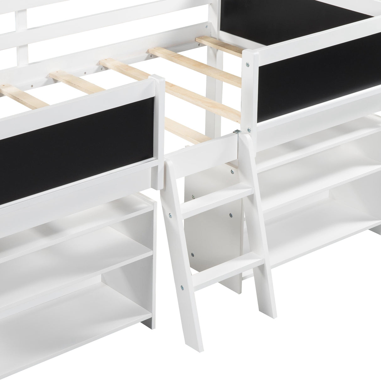 Twin Size Low Loft Bed with Two Movable Shelves and Ladder,with Decorative Guardrail Chalkboard,White - Home Elegance USA