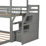 Twin over Full House Bunk Bed with Convertible Slide and Storage Staircase,Full-Length Guardrail,Gray - Home Elegance USA