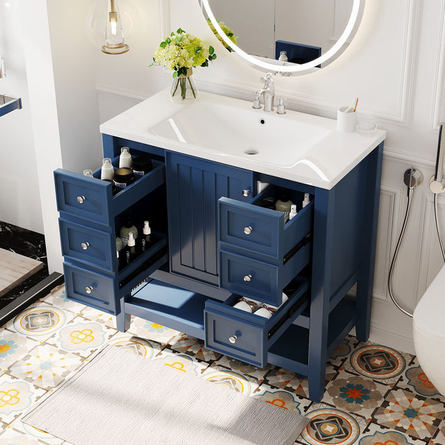 36" Bathroom Vanity with Sink Combo, One Cabinet and Three Drawers, Solid Wood and MDF Board, Blue - SY999505AAC - image - 1