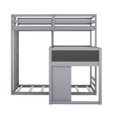 L-shaped Wood Triple Twin Size Bunk Bed with Storage Cabinet and Blackboard, Ladder, Gray - Home Elegance USA