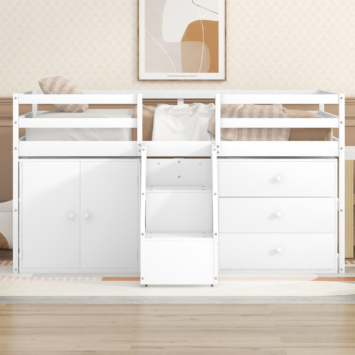 Full Size Functional Loft Bed with Cabinets and Drawers, Hanging Clothes at the back of the Staircase, White - Home Elegance USA