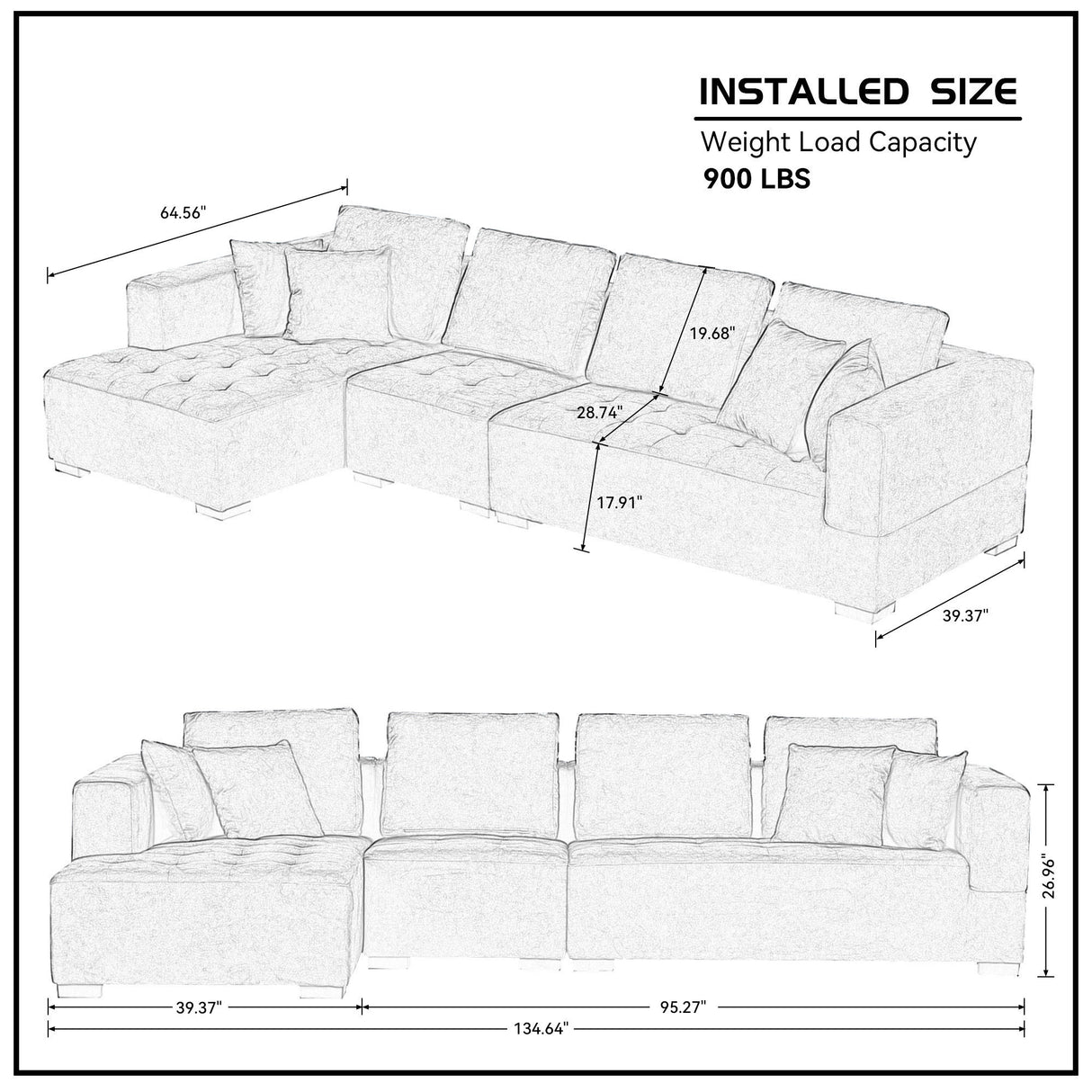 134'' Mid Century Modern Sofa with Left Chaise for Living Room Sofa, BLUE - W876S00052 - image - 10