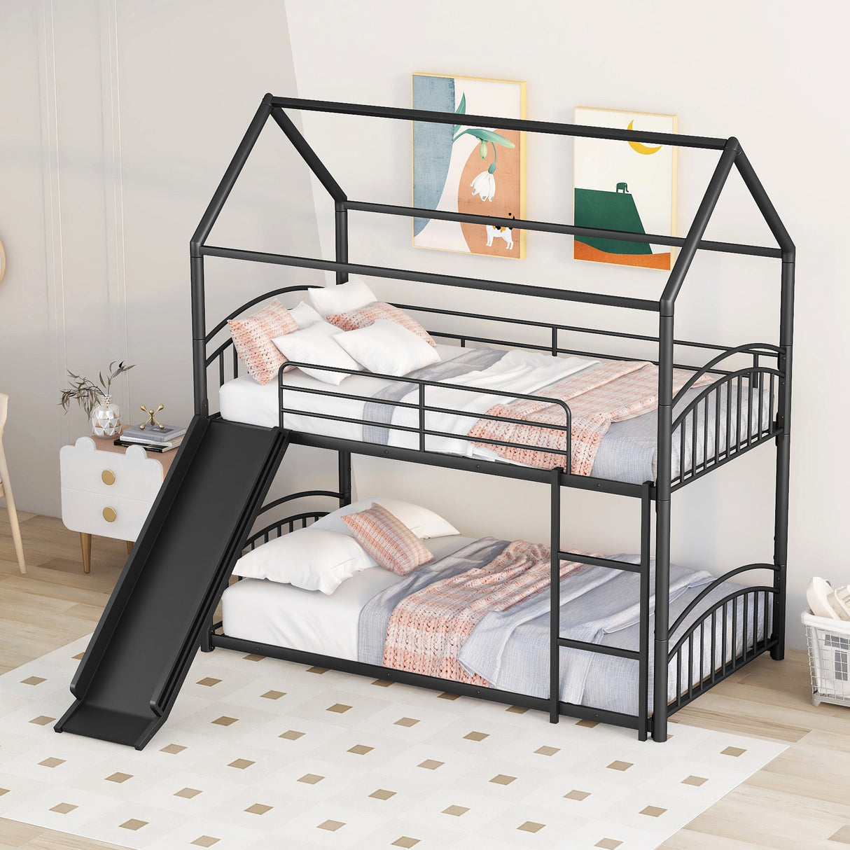 Twin Over Twin Metal Bunk Bed With Slide,Kids House Bed Black - Home Elegance USA