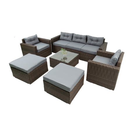 6 Piece Patio Rattan Wicker Outdoor Furniture Conversation Sofa Set with Removeable Cushions and Temper glass TableTop - W329S00061 - image - 9