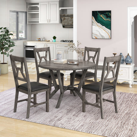 TOPMAX Mid-Century 5-Piece Dining Table Set, Round Table with Cross Legs, 4 Upholstered Chairs for Small Places, Kitchen, Studio, Gray - Home Elegance USA