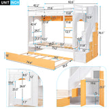 Twin Over Twin Bunk Bed with Trundle ,Stairs,Ladders Solid Wood Bunk bed with Storage Cabinet （White + Yellow） - Home Elegance USA