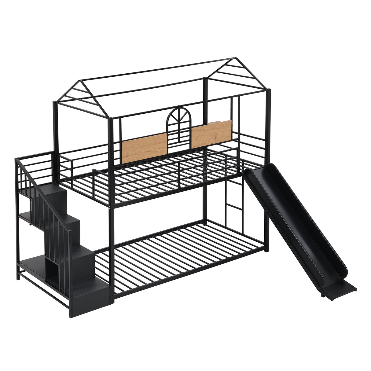 Twin Over Twin Metal Bunk Bed ,Metal Housebed with Slide and Storage Stair,Black with Black Slide(OLD SKU:LP000195AAB) - Home Elegance USA