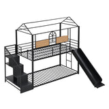 Twin Over Twin Metal Bunk Bed ,Metal Housebed with Slide and Storage Stair,Black with Black Slide(OLD SKU:LP000195AAB) - Home Elegance USA