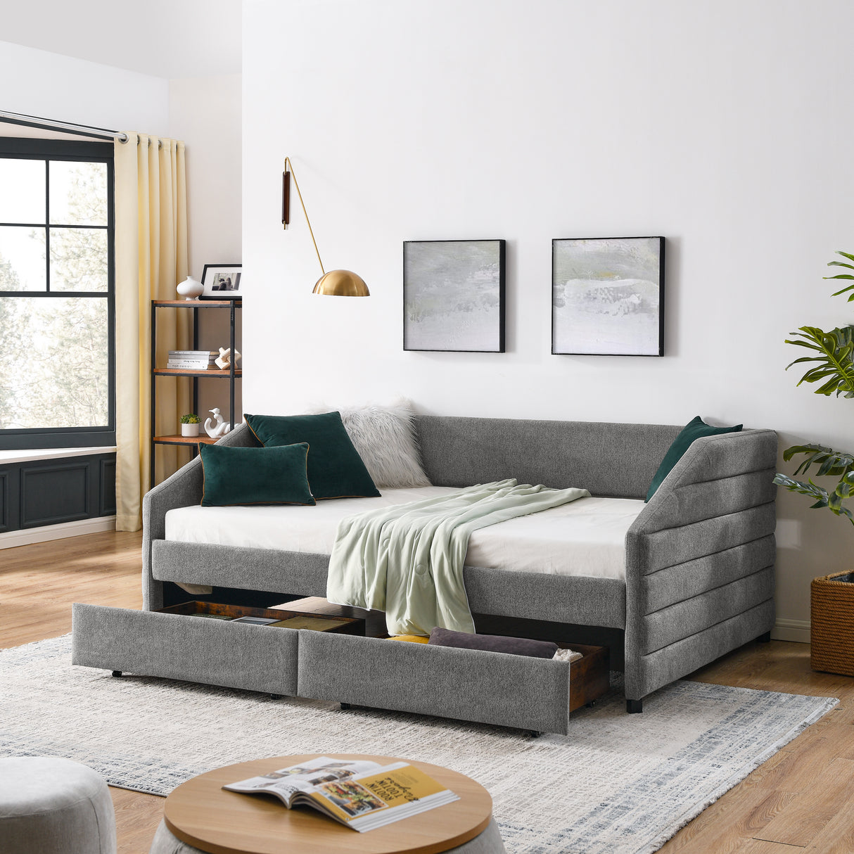 Full Size Daybed with Two Drawers Trundle Upholstered Tufted Sofa Bed, Linen Fabric, Grey (82.5"x58"x34")