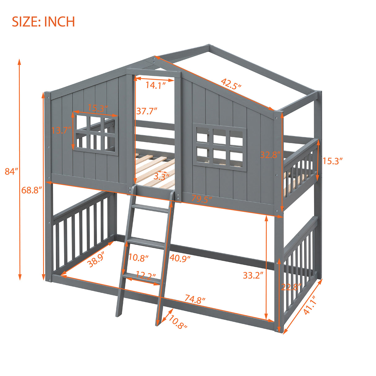 Twin Over Twin House Bunk Bed With Ladder, Wood Bed-Gray - Home Elegance USA