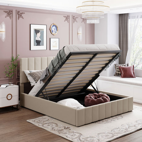 Queen size Upholstered Platform bed with a Hydraulic Storage System - Beige - Home Elegance USA