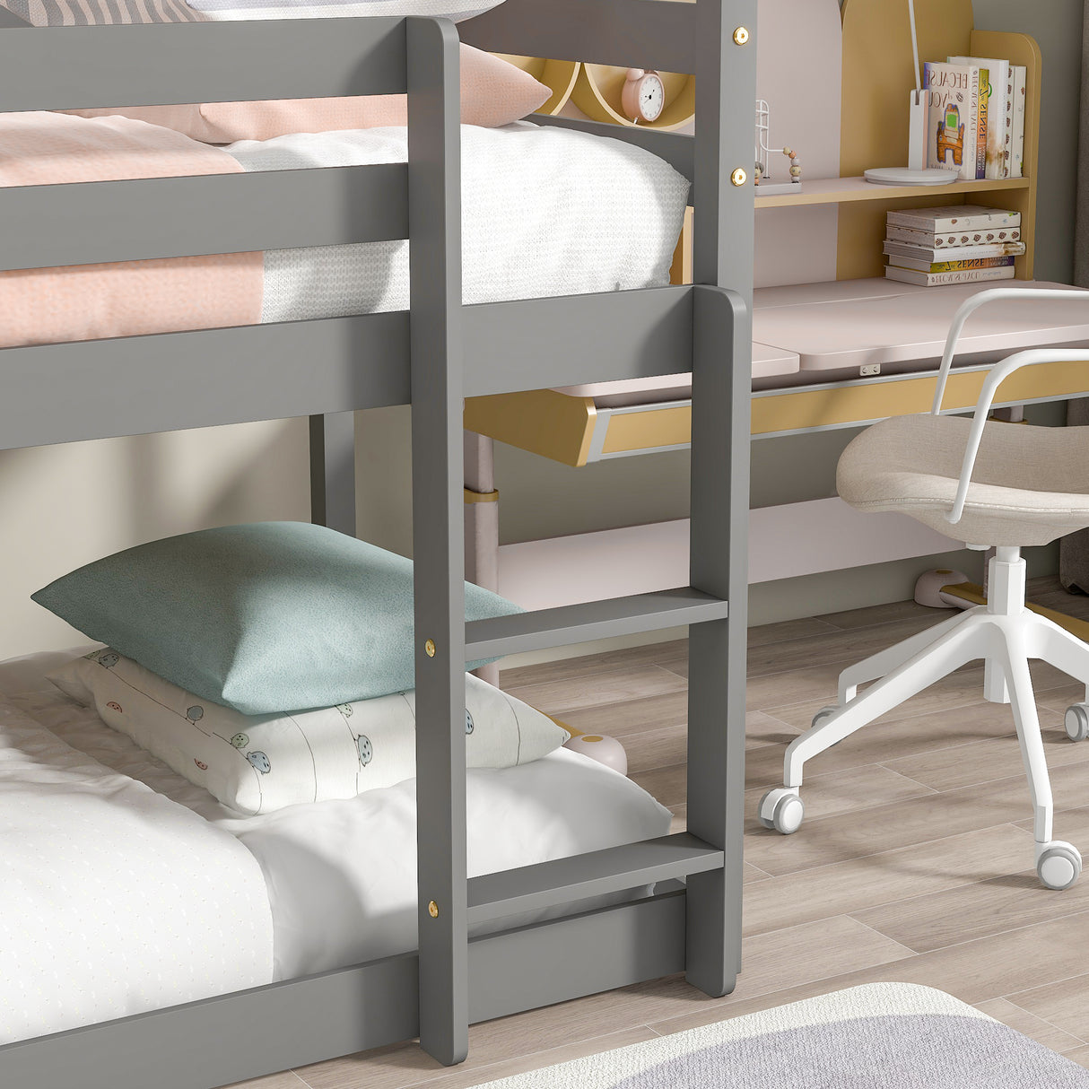 Twin over Twin Loft Bed with Roof Design, Safety Guardrail, Ladder, Grey - Home Elegance USA