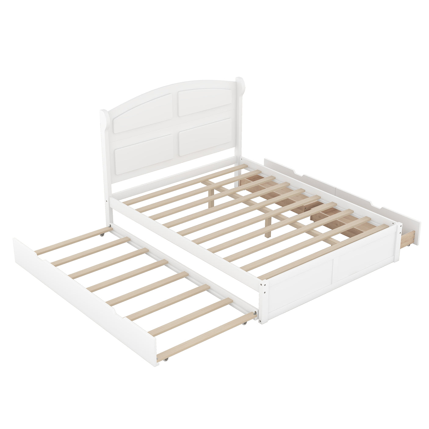Wood Queen Size Platform Bed with Twin Size Trundle and 2 Drawers, White(Expected Arrival Time: 9.2)