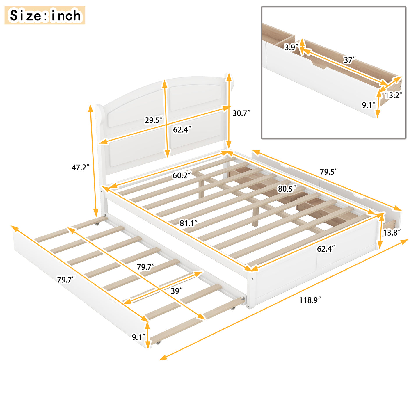 Wood Queen Size Platform Bed with Twin Size Trundle and 2 Drawers, White(Expected Arrival Time: 9.2)