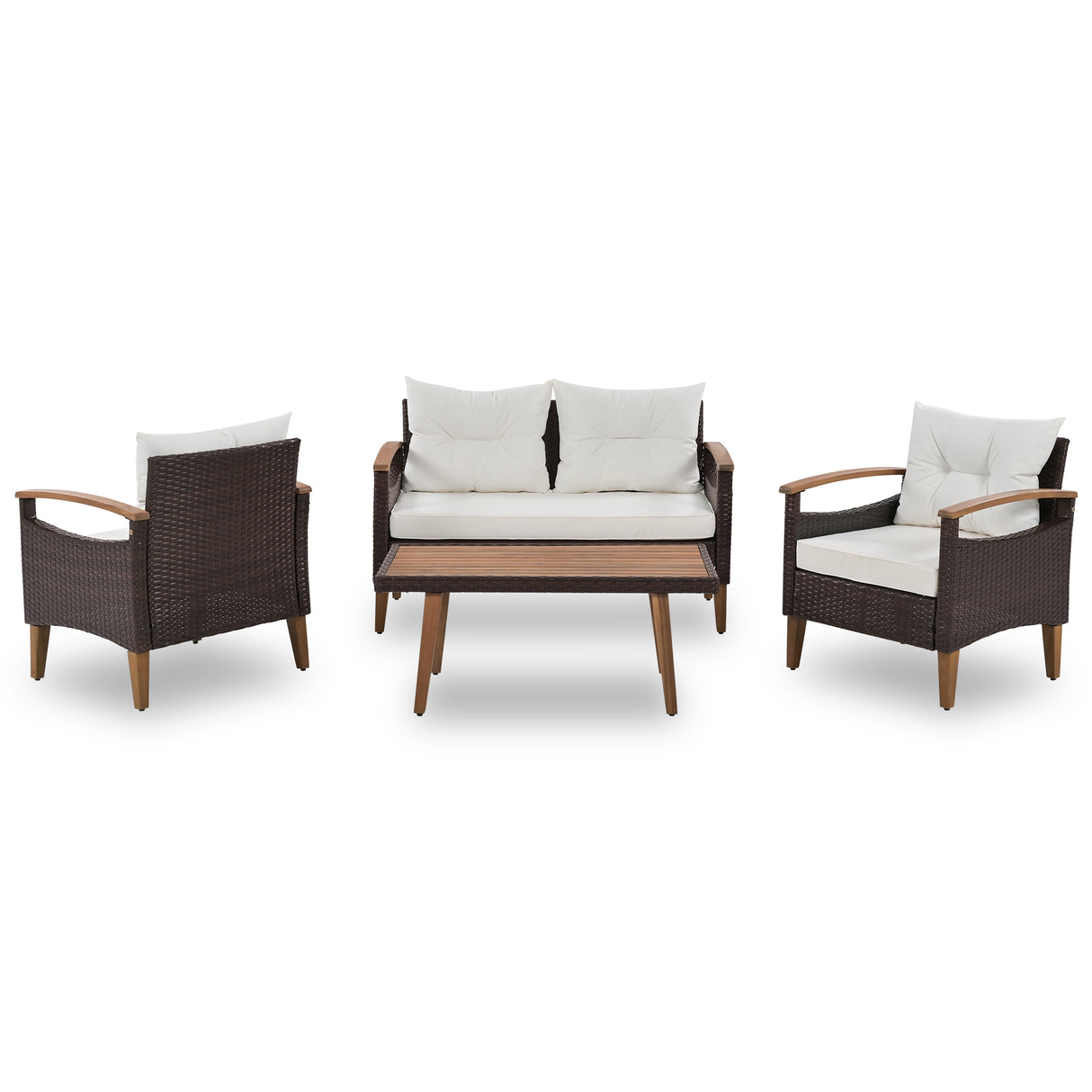 GO 4-Piece Garden Furniture,  Patio Seating Set, PE Rattan Outdoor Sofa Set, Wood Table and Legs, Brown and Beige