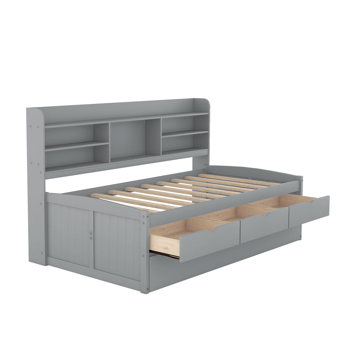 Twin Size Wooden Captain Bed with Built-in Bookshelves,Three Storage Drawers and Trundle,Light Grey - Home Elegance USA